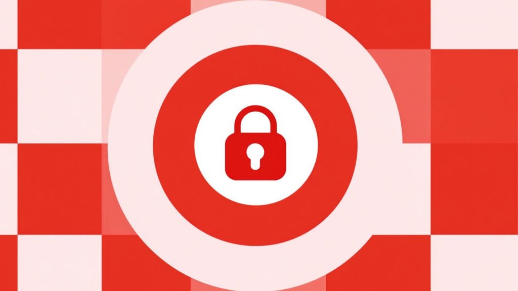 Red padlock icon centered in a white circle within red concentric rings on a red and pink checkerboard background.