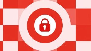 Red padlock icon centered in a white circle within red concentric rings on a red and pink checkerboard background.