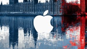 White Apple logo centered over an abstract blue-and-red painted cityscape with its reflection in water.