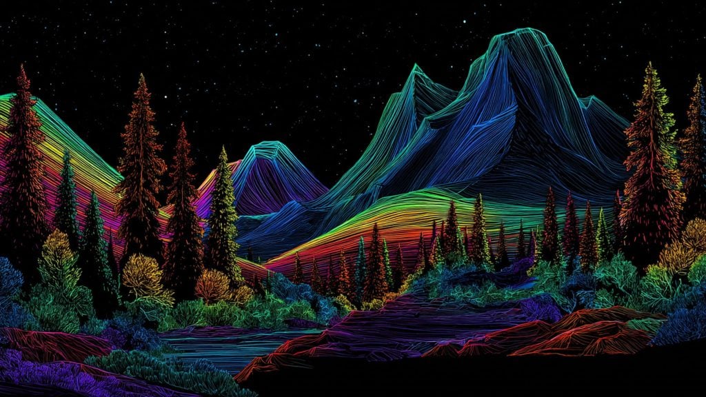 Neon rainbow line-art mountains and pine forest under a starry night, colorful layered ridges.