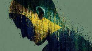 Silhouetted profile of a person filled with cascading binary code in green and blue, overlaid by a large yellow triangle like a flag shape.