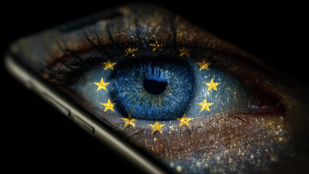 Blue human eye with glitter and twelve golden stars of the EU flag overlaid across the iris and eyelids.