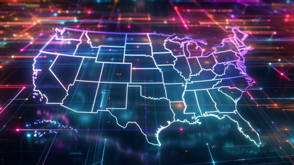 Glowing neon outline map of the contiguous United States with state borders over a dark grid and colorful light streaks