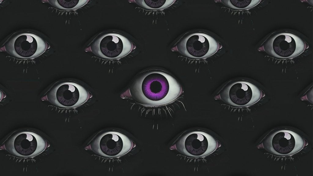 Pattern of stylized human eyes on a dark background, one center eye with a bright purple iris and pale lashes, others with muted gray-purple irises.