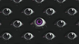 Pattern of stylized human eyes on a dark background, one center eye with a bright purple iris and pale lashes, others with muted gray-purple irises.
