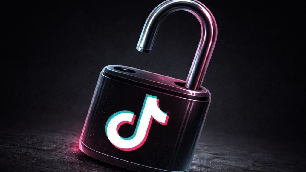 Black padlock with an open shackle displaying the TikTok logo, lit by pink and cyan neon against a dark background.