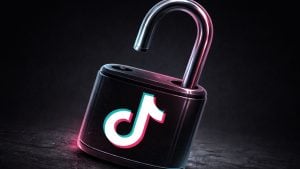 Black padlock with an open shackle displaying the TikTok logo, lit by pink and cyan neon against a dark background.