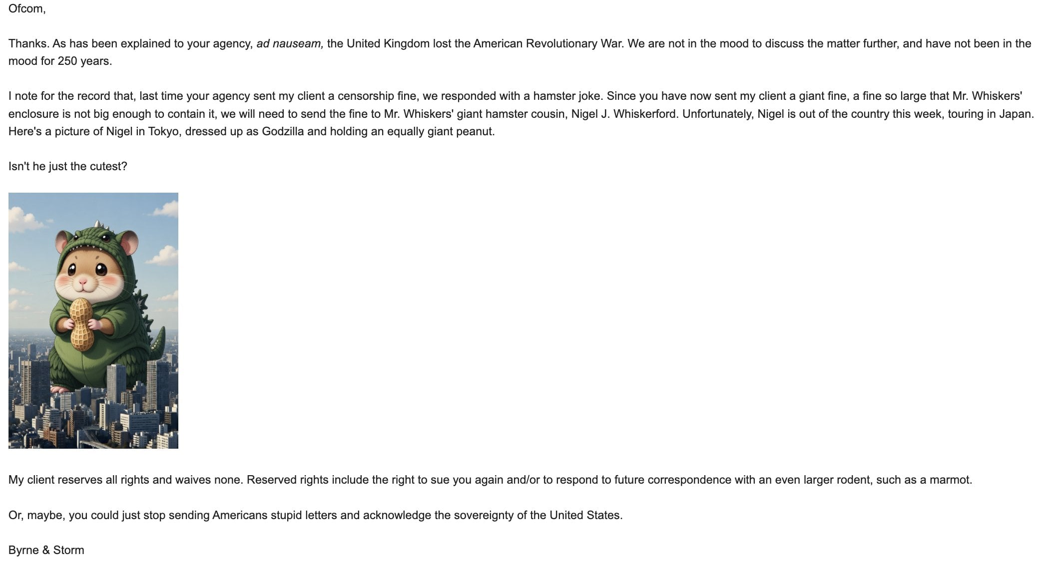 Cartoon giant hamster in a green Godzilla costume holding a large peanut, towering over a city skyline with blue sky background