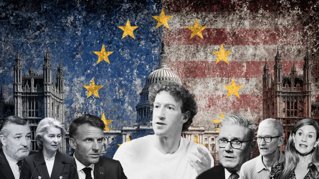Collage of political leaders and Mark Zuckerberg against a grunge EU/US flag background with Capitol and parliament buildings