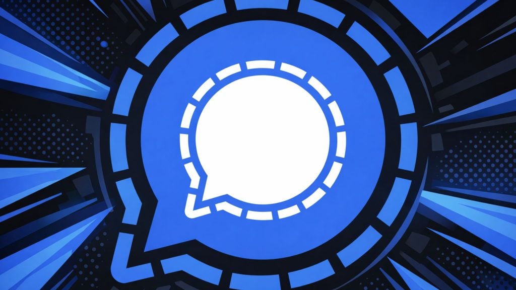 Blue circular speech-bubble logo with dashed inner ring on a radial blue and black comic-style background