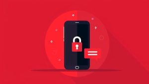Smartphone illustration with a padlock icon on its screen and a chat bubble, set against a red background.