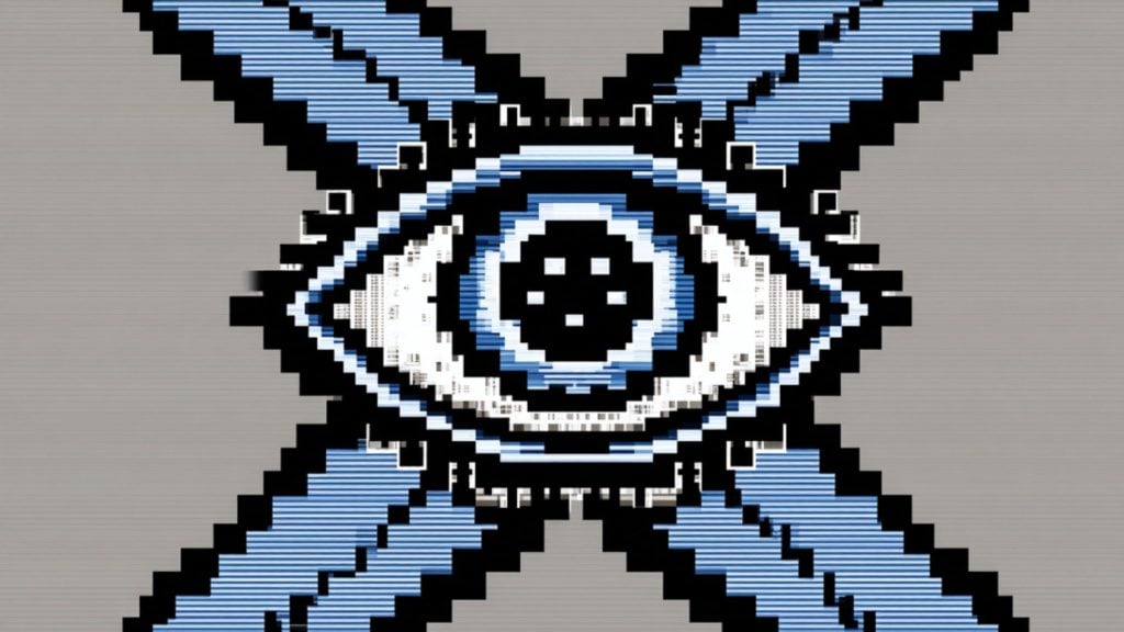 Stylized pixel-art blue and white eye with black pupil centered on a glitchy X-shaped blue and black striped background.