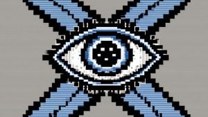 Stylized pixel-art blue and white eye with black pupil centered on a glitchy X-shaped blue and black striped background.
