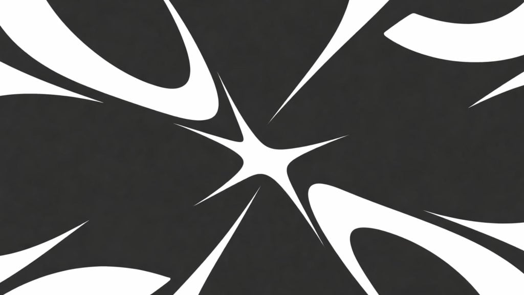 Abstract black-and-white design with a central starburst formed by sharp white shapes radiating inward on a dark background