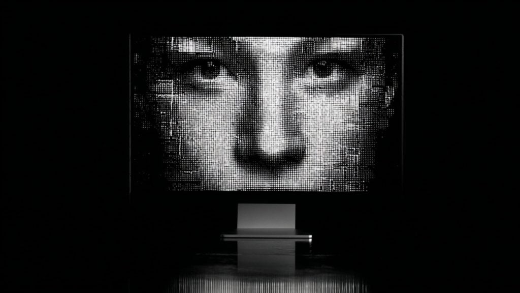 Close-up black-and-white halftone face displayed on a large screen above a minimalist pedestal in a dark room.