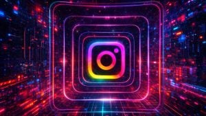 Glowing neon Instagram logo at center of concentric rounded-square neon frames in a futuristic, colorful data tunnel