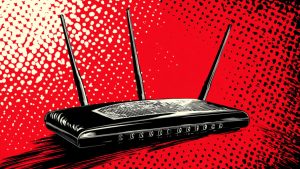 Black wireless router with three upright antennas drawn in bold black-and-white comic style against a red dotted pop-art background.