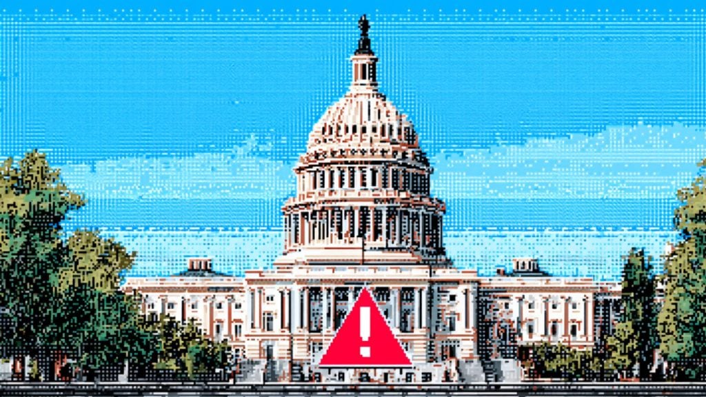 Pixel-art depiction of the US Capitol building under a blue sky with a large red triangular warning sign displaying an exclamation mark in front