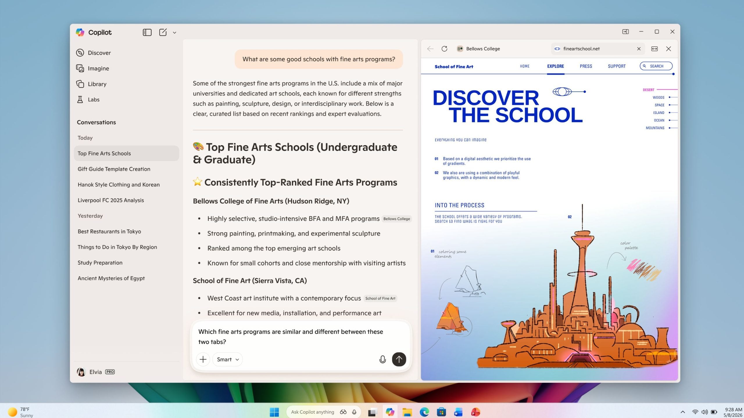 Split-screen laptop screenshot showing a Copilot sidebar with a conversation listing and a detailed "Top Fine Arts Schools" article on the left, and a colorful "Discover the School" webpage with sketches and blue headings on the right.