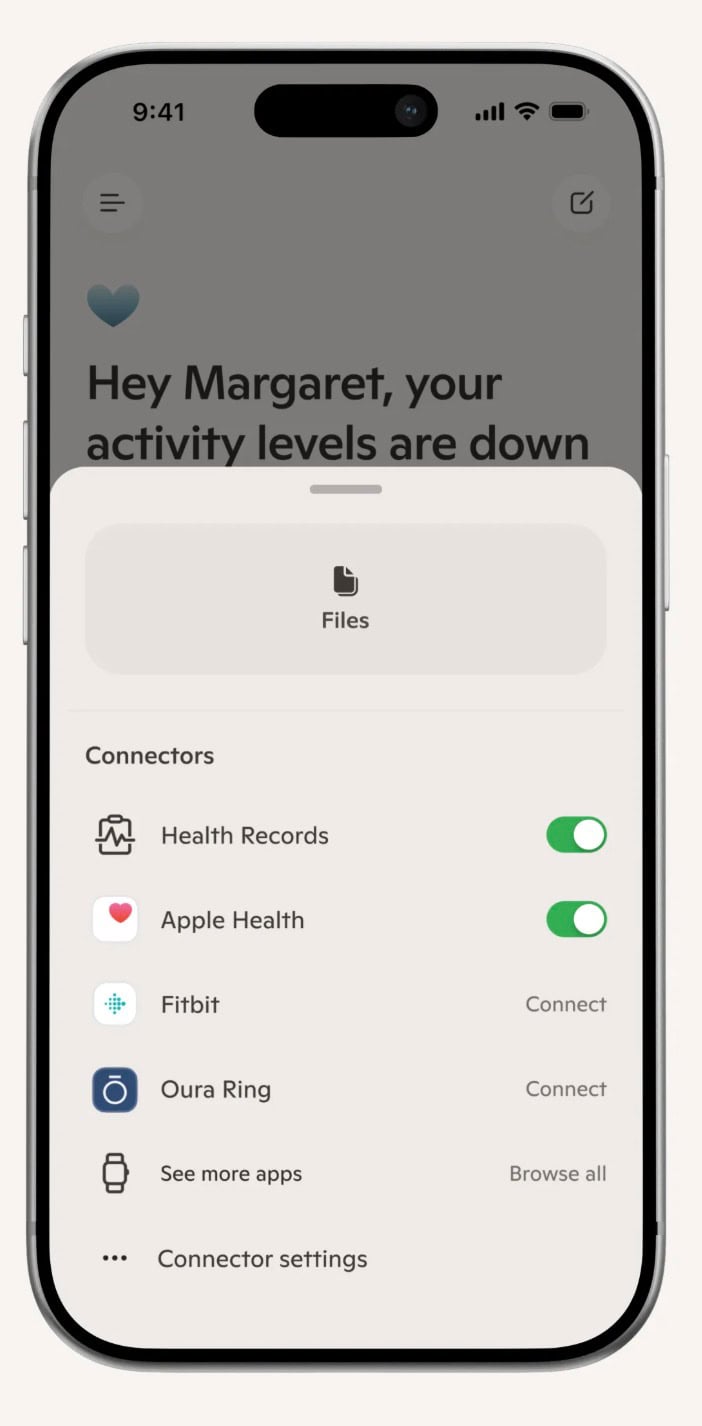 Mobile app screen showing a health connectors menu with toggles for Health Records and Apple Health on, and options to connect Fitbit and Oura Ring.