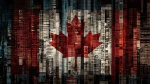 Stylized Canadian flag formed by a red maple leaf over a textured mosaic of vertical cityscape and grid patterns in red, white, and black.