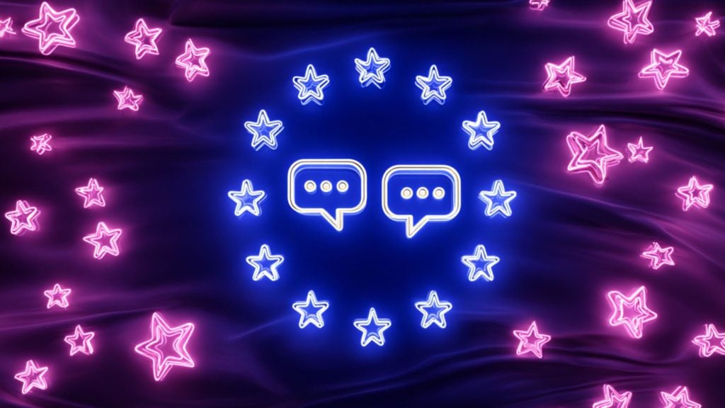 Neon blue speech bubbles surrounded by a ring of blue neon stars on a dark purple background with scattered pink neon stars