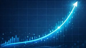 Blue chart with rising bar graph and glowing upward-curving arrow indicating strong growth over time.