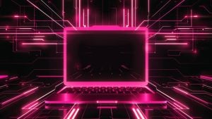 Futuristic neon-pink laptop with glowing circuitry lines radiating outward on a dark background