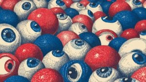Cluster of stylized red, white, and blue eyeballs with detailed irises and stippled shading, piled densely across the image.