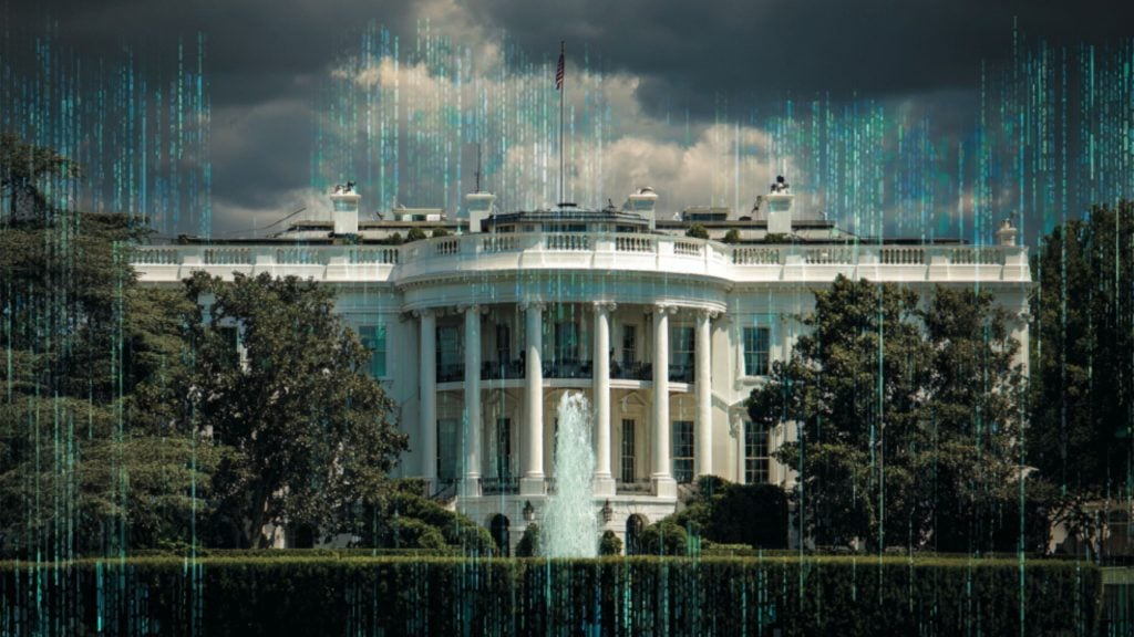 Neoclassical white government mansion with tall columns and central fountain, overlaid with vertical green digital rain and dark stormy sky.