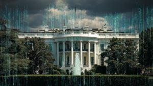 Neoclassical white government mansion with tall columns and central fountain, overlaid with vertical green digital rain and dark stormy sky.