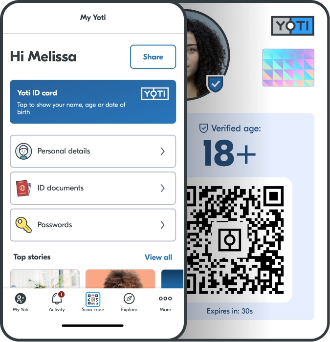Mobile app screen showing a Yoti digital ID interface greeting "Hi Melissa" with options for personal details, ID documents, passwords, and a separate card displaying a verified 18+ age badge and QR code.