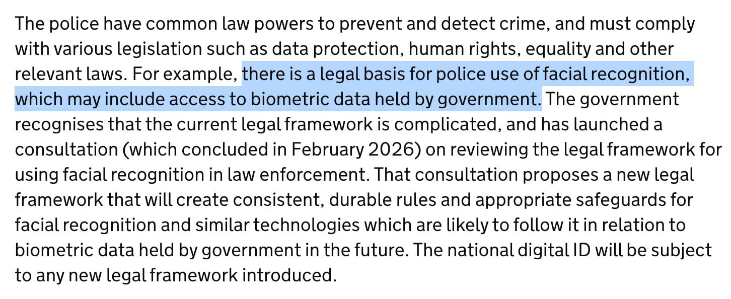 Excerpt of text about police legal powers and facial recognition, highlighted phrase about legal basis for police use of facial recognition and access to biometric data held by government.