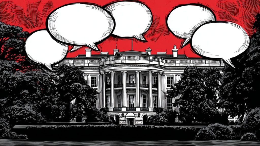 Neoclassical government mansion framed by dark trees with multiple empty comic-style speech bubbles against a red sky