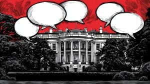Neoclassical government mansion framed by dark trees with multiple empty comic-style speech bubbles against a red sky