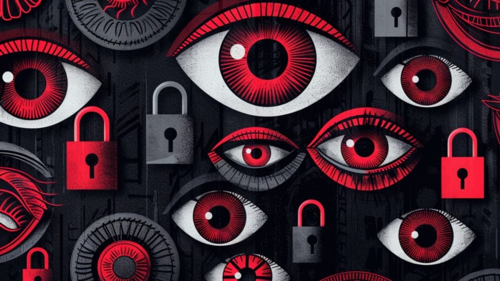 Pattern of stylized red and white eyes interspersed with red and gray padlocks on a dark textured background