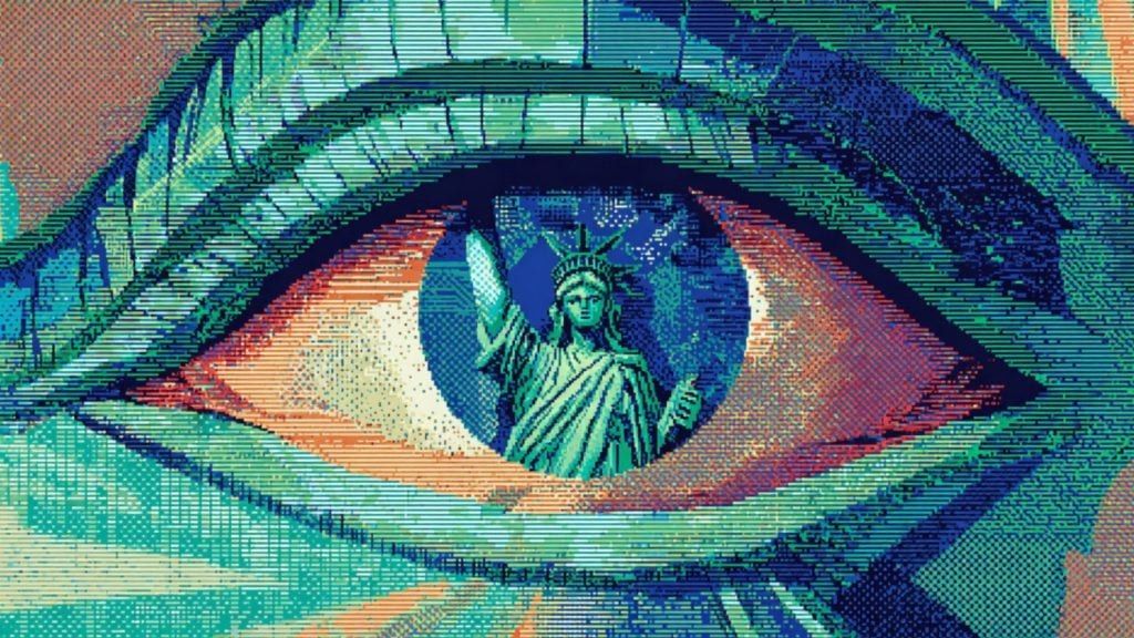 Close-up stylized eye with the Statue of Liberty reflected in the pupil, rendered in teal, blue, and orange halftone lines