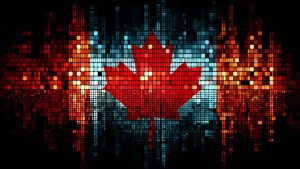 Stylized Canadian flag maple leaf formed from red, blue, and orange glowing digital pixel squares on a dark background