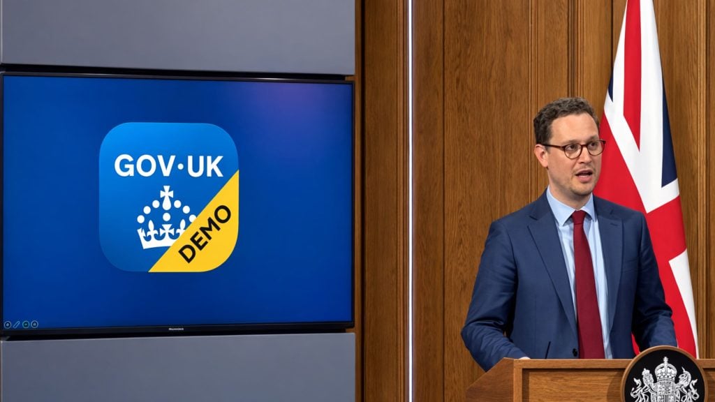 Jones in suit and glasses speaking at a lectern with UK flag beside him and a screen showing a GOV.UK demo logo.