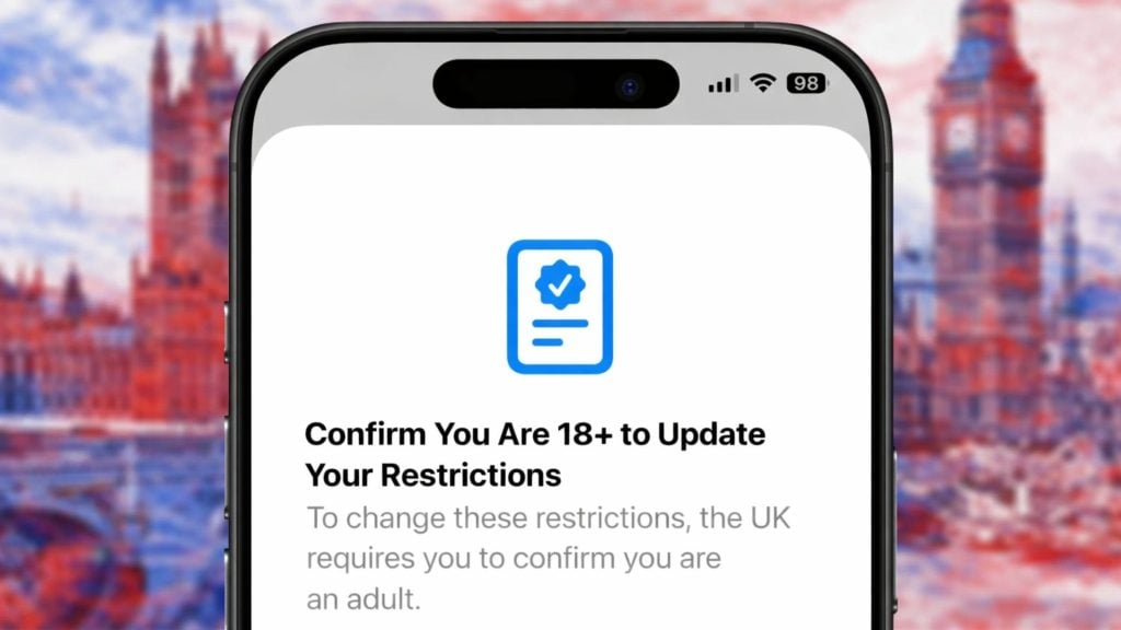 Smartphone screen showing a prompt: "Confirm You Are 18+ to Update Your Restrictions" with a blue verification icon.
