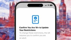 Smartphone screen showing a prompt: "Confirm You Are 18+ to Update Your Restrictions" with a blue verification icon.