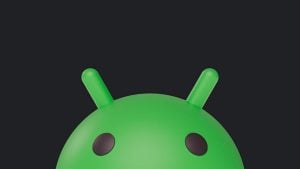 Top half of a bright green Android robot head with two antennae and dark oval eyes against a dark background.