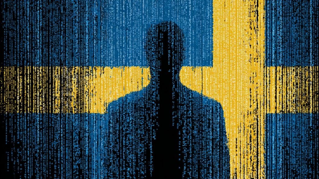 Silhouette of a person filled with cascading blue and yellow binary code forming a Swedish flag background