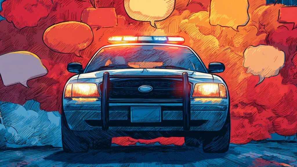 Front view illustration of a police car with flashing red and blue lights against a smoky, comic-style red background