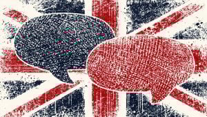 Two textured speech bubbles—one navy, one red—over a distressed Union Jack flag background.