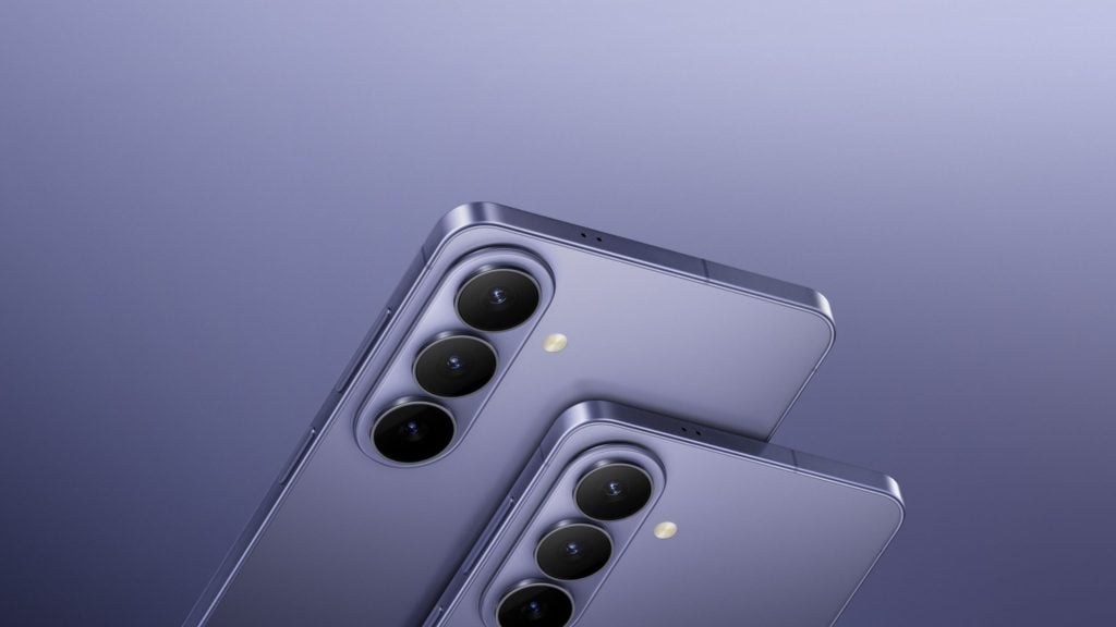 Two overlapping purple smartphones angled to show flat edges and vertical triple-camera arrays with a single LED flash