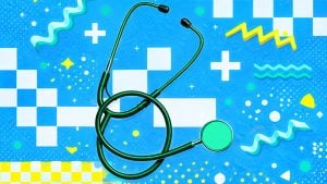 Green stethoscope coiled against a bright blue background with white plus signs, checker patterns, and colorful abstract shapes.