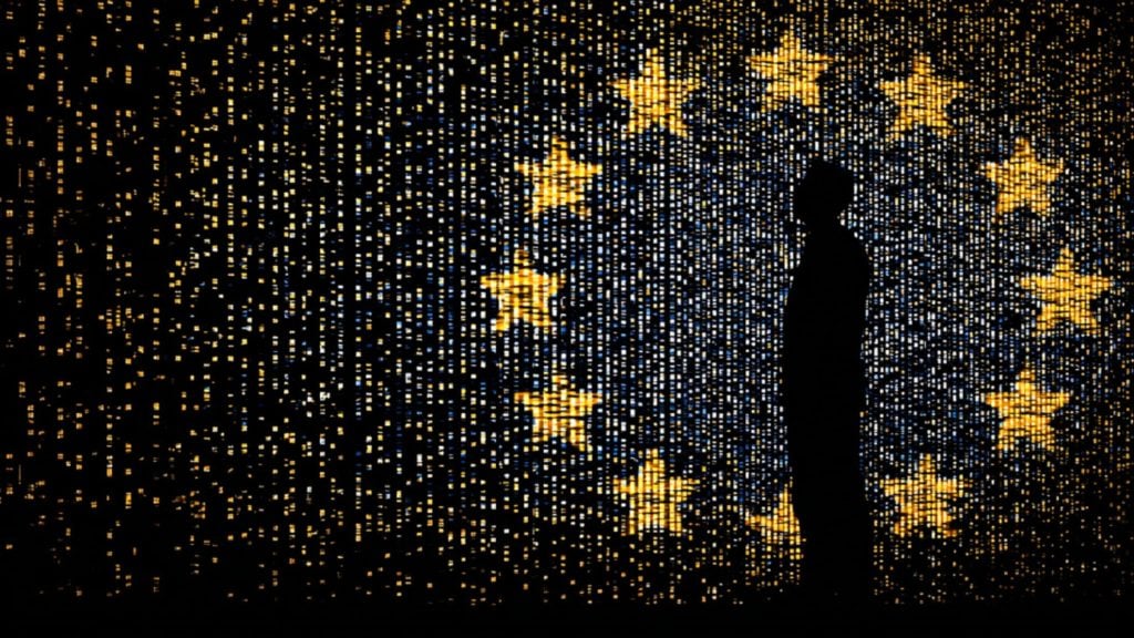 Silhouette of a person standing before a digital wall of yellow stars and blue lights forming a ring on a dark background