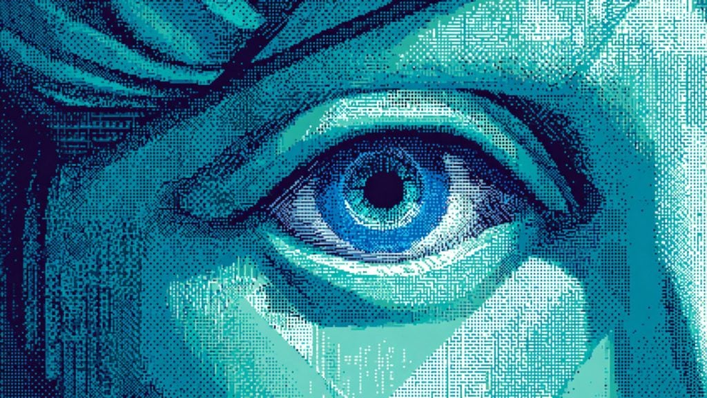 Close-up stylized teal and blue human eye rendered in halftone/dot pattern with detailed iris and surrounding shading