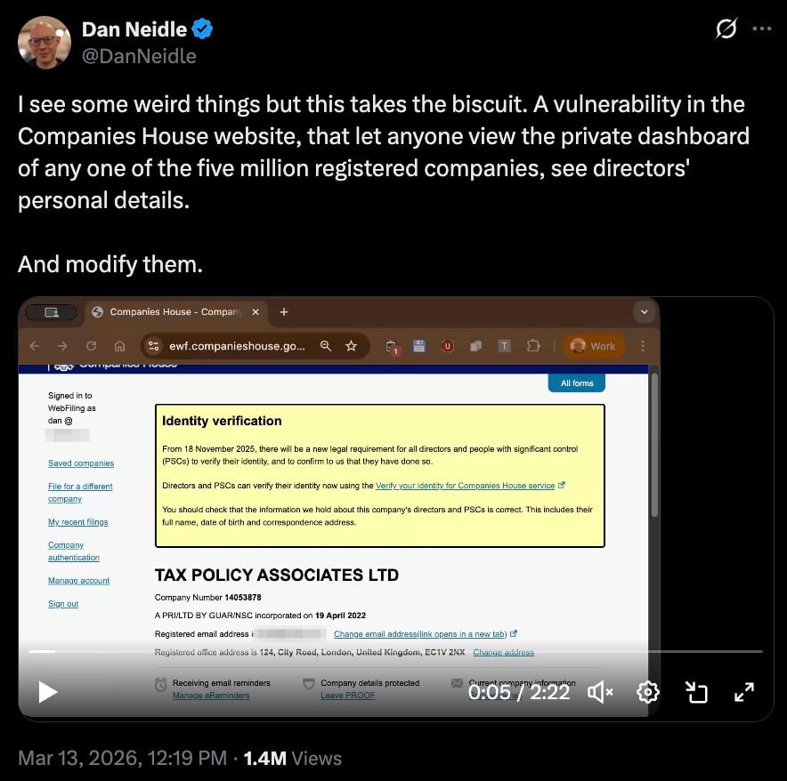 Screenshot of a tweet by Dan Neidle describing a Companies House website vulnerability, showing a browser window with a Companies House identity verification notice and company page for "TAX POLICY ASSOCIATES LTD."